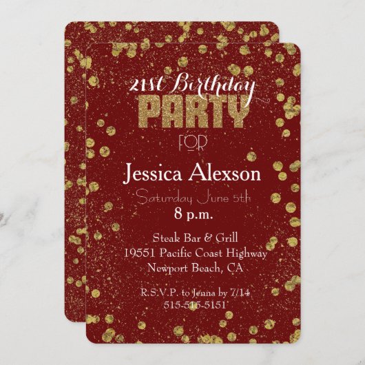 Invitation Parties scintillant Confetti Rouge et Or 21e anniv (Devant / Derrière)