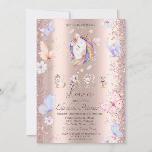 Invitation Parties scintillant Confetti Unicorn Papillons Bab (Devant)