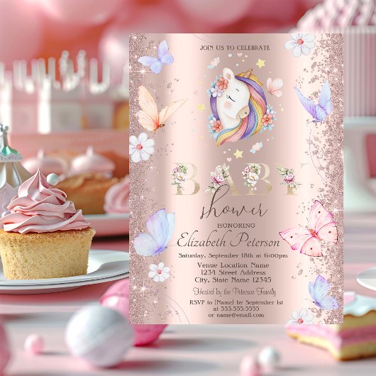 Invitation Parties scintillant Confetti Unicorn Papillons Bab
