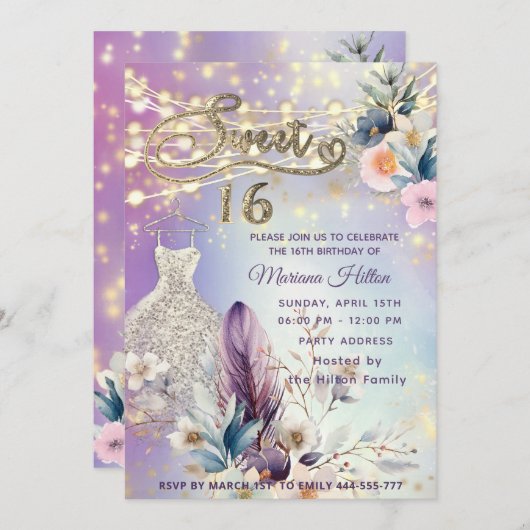 Invitation parties scintillant cool boho florale (Devant / Derrière)