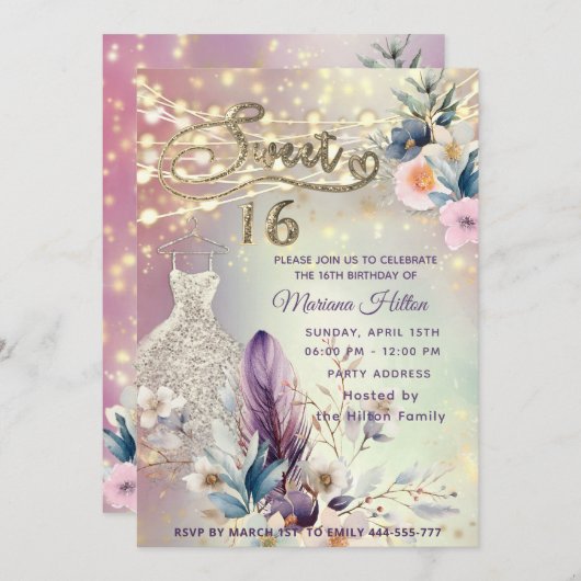 Invitation parties scintillant cool boho florale (Devant / Derrière)