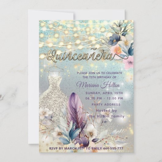 Invitation parties scintillant cool boho florale (Devant)