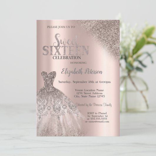 Invitation Parties scintillant cool Bokeh Robe Rose Gold Swee (Debout devant)