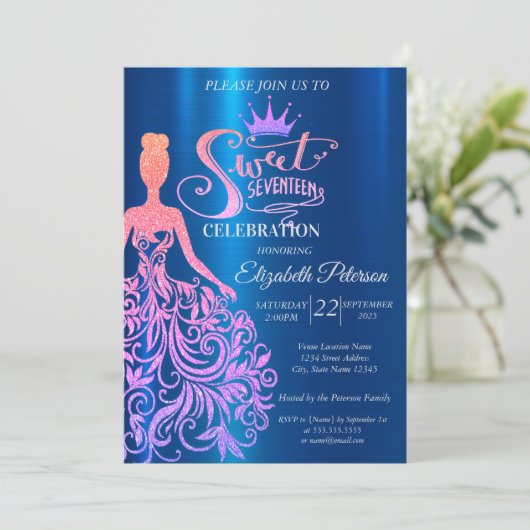 Invitation Parties scintillant cool Bokeh, Robe, Tiara, Bleu  (Debout devant)