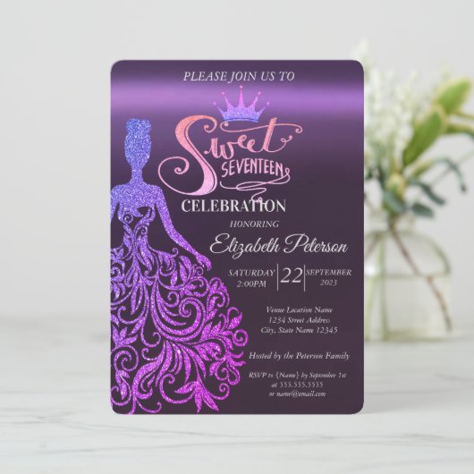 Invitation Parties scintillant cool Bokeh, Robe, Tiara, Purpl (Debout devant)