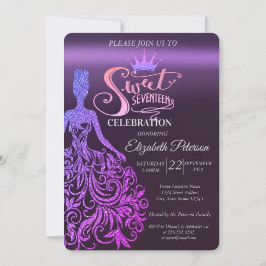 Invitation Parties scintillant cool Bokeh, Robe, Tiara, Purpl (Devant)