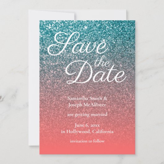 Invitation Parties scintillant corail et Ombre Turquoise Enre (Devant)