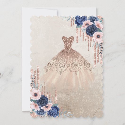 Invitation Parties scintillant Couronne, Robe, Roses bleus Qu (Dos)