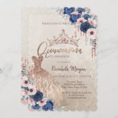 Invitation Parties scintillant Couronne, Robe, Roses bleus Qu (Devant / Derrière)