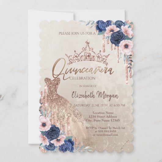 Invitation Parties scintillant Couronne, Robe, Roses bleus Qu (Devant)
