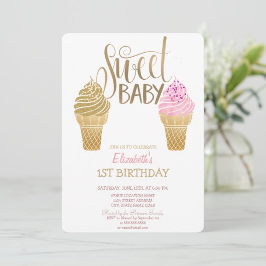 Invitation Parties scintillant Crème glacée Macarons rayé Ann (Debout devant)