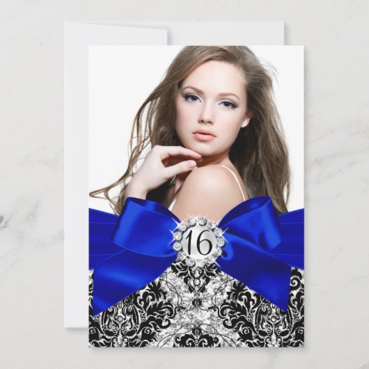 Invitation Parties scintillant Damas & Royal Blue Bow Sweet 1 (Devant)