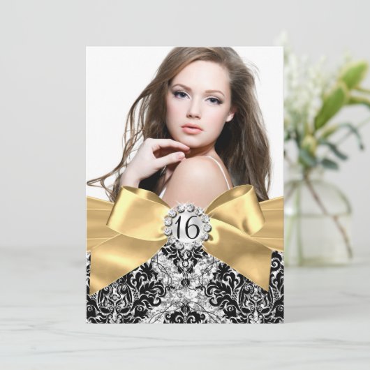 Invitation Parties scintillant Damask & Gold Bow Sweet 16 Inv (Debout devant)