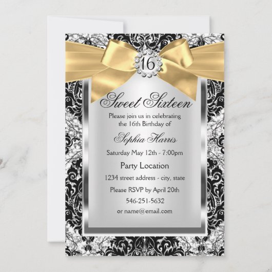 Invitation Parties scintillant Damask & Gold Bow Sweet 16 Inv (Dos)