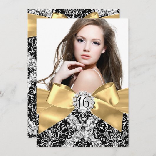Invitation Parties scintillant Damask & Gold Bow Sweet 16 Inv (Devant / Derrière)
