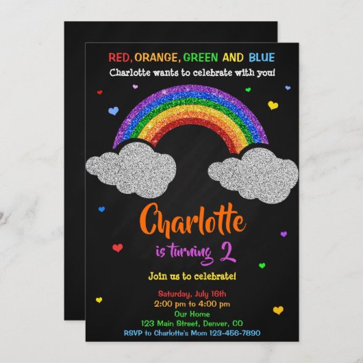 Invitation Parties scintillant d'anniversaire arc-en-ciel inv (Devant / Derrière)