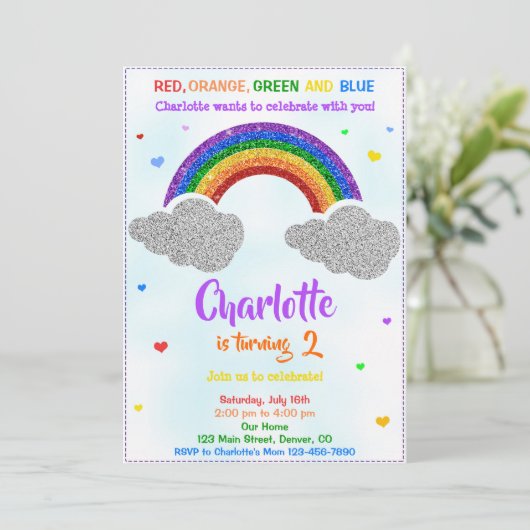 Invitation Parties scintillant d'anniversaire arc-en-ciel inv (Debout devant)