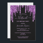 Invitation Parties scintillant d'anniversaire virtuel goutte<br><div class="desc">Une invitation virtuelle à la fête d'anniversaire féminine et féminine 21e (ou tout âge). Devant : Un arrière - plan noir chic. Décoré avec des gouttes de faux parties scintillant violet foncé, l'aspect de la peinture goutte à goutte. Personnalisez et ajoutez un nom et des détails du parti. Le nom...</div>
