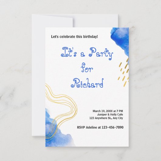 Invitation Parties scintillant d'aquarelle bleue et anniversa (Devant)