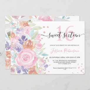 Invitation parties scintillant d'aquarelle fleurie rose Sweet