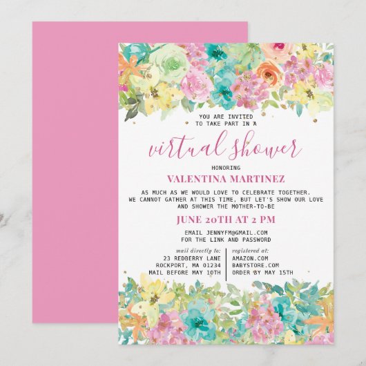 Invitation Parties scintillant d'aquarelle rose bleu floral (Devant / Derrière)