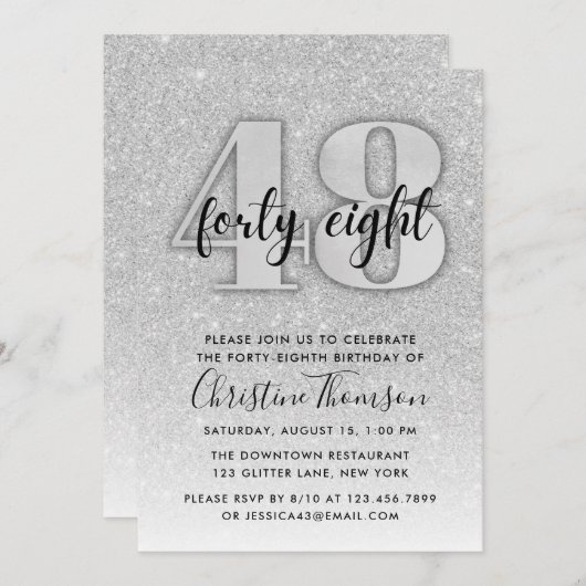 Invitation Parties scintillant d'argent 48e anniversaire Invi (Devant / Derrière)