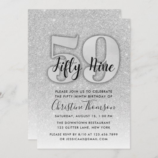 Invitation Parties scintillant d'argent 59e anniversaire Invi (Devant / Derrière)