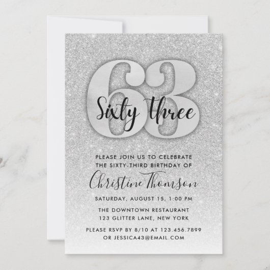 Invitation Parties scintillant d'argent 63ème anniversaire In (Devant)