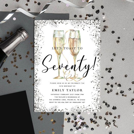 Invitation Parties scintillant d'argent 70e fête d'anniversai