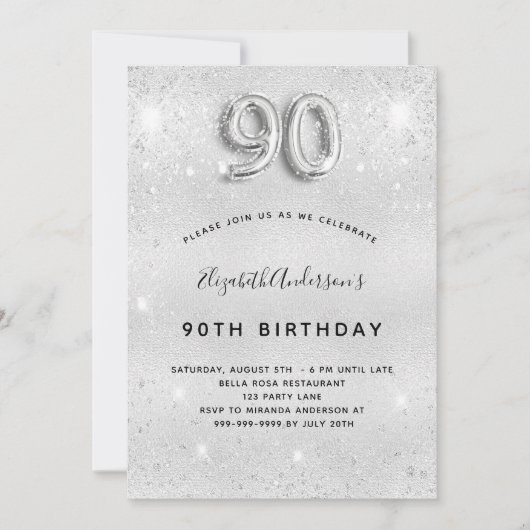 Invitation Parties scintillant d'argent 90e anniversaire (Devant)