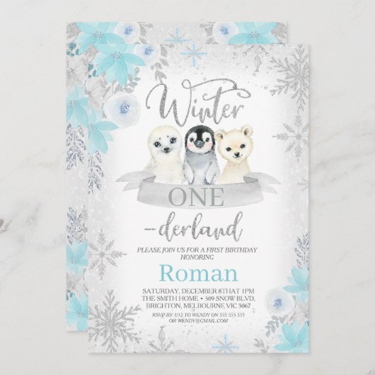 Invitation Parties scintillant d'argent Animaux d'hiver Anniv (Devant / Derrière)