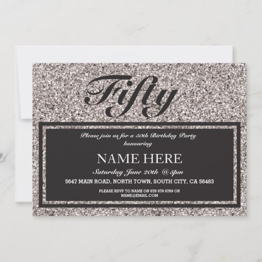 Invitation Parties scintillant d'argent, anniversaire élégant (Devant)