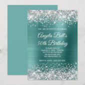 Invitation Parties scintillant d'argent Aqua Turquoise Foil 5 (Devant / Derrière)