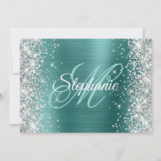 Invitation Parties scintillant d'argent Aqua Turquoise Monogr (Dos)