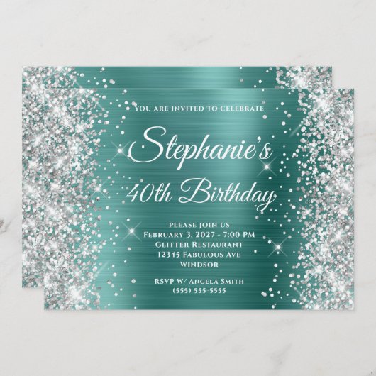 Invitation Parties scintillant d'argent Aqua Turquoise Monogr (Devant / Derrière)