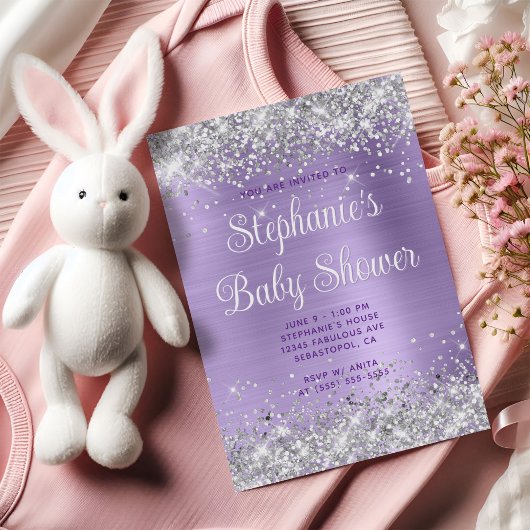 Invitation Parties scintillant d'argent Baby shower violet pâ