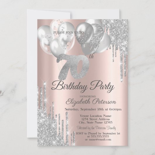 Invitation Parties scintillant d'argent Ballons 70e anniversa (Devant)