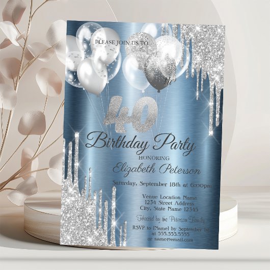 Invitation Parties scintillant d'argent Ballons Bleus Métalli