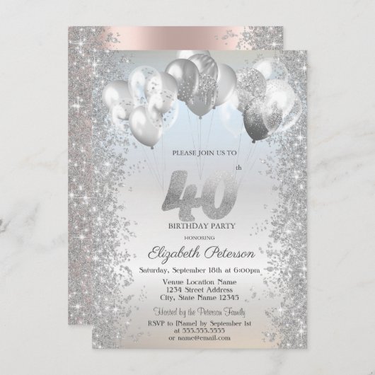 Invitation Parties scintillant d'argent Balloons Confetti 40e (Devant / Derrière)