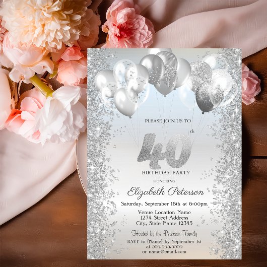 Invitation Parties scintillant d'argent Balloons Confetti 40e