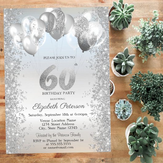 Invitation Parties scintillant d'argent Balloons Confetti 60e