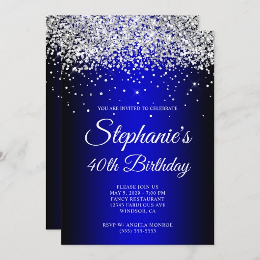 Invitation Parties scintillant d'argent Black Blue Ombre 40e  (Devant / Derrière)