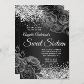 Invitation Parties scintillant d'argent Black Floral Glam Swe (Devant / Derrière)