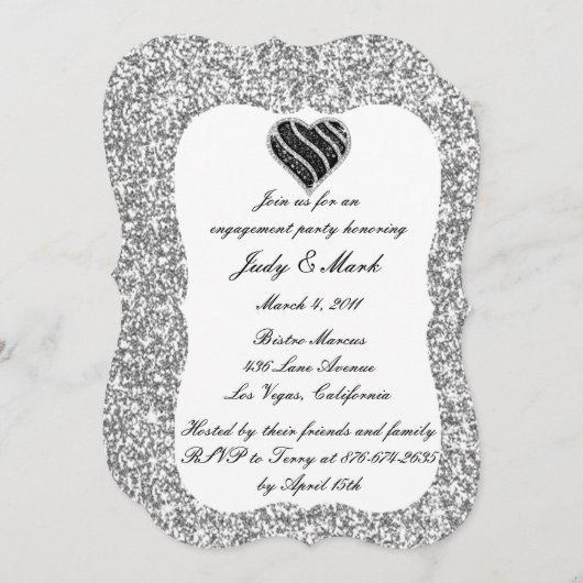 Invitation Parties scintillant d'argent Black Heart Engagemen (Devant / Derrière)