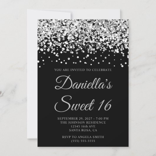 Invitation Parties scintillant d'argent Black Sweet 16 (Devant)