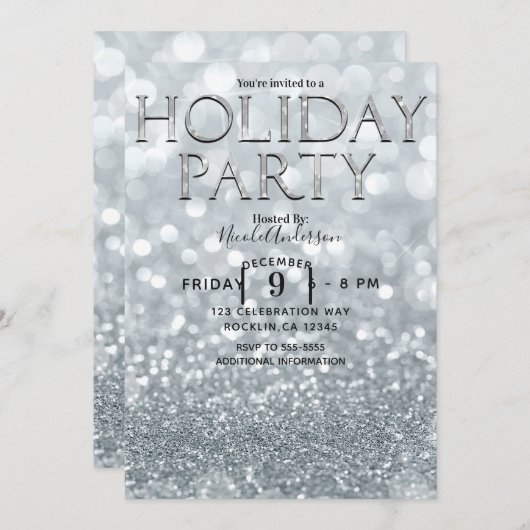Invitation Parties scintillant d'argent blanc Bokeh Glam Fête (Devant / Derrière)