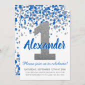 Invitation Parties scintillant d'argent bleu Confetti Garçon  (Devant / Derrière)