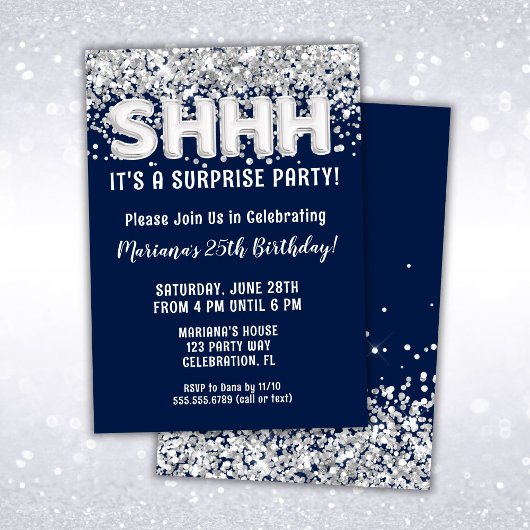 Invitation Parties scintillant d'argent bleu marine Surprise 