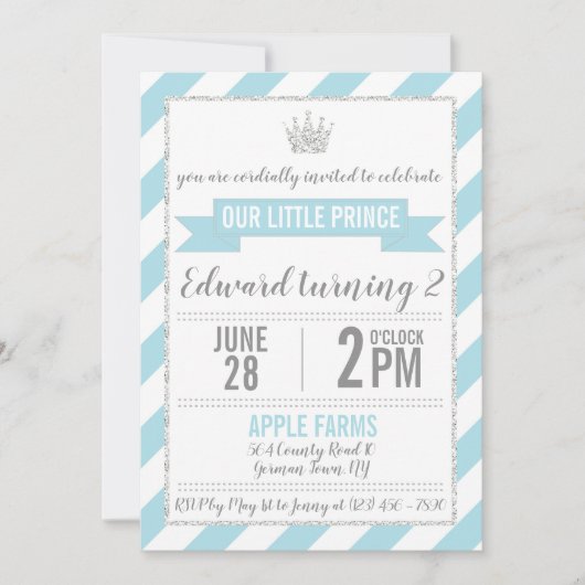 Invitation Parties scintillant d'argent bleu Prince Invitatio (Devant)