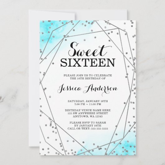 Invitation Parties scintillant d'argent bleu turquoise Douce (Devant)